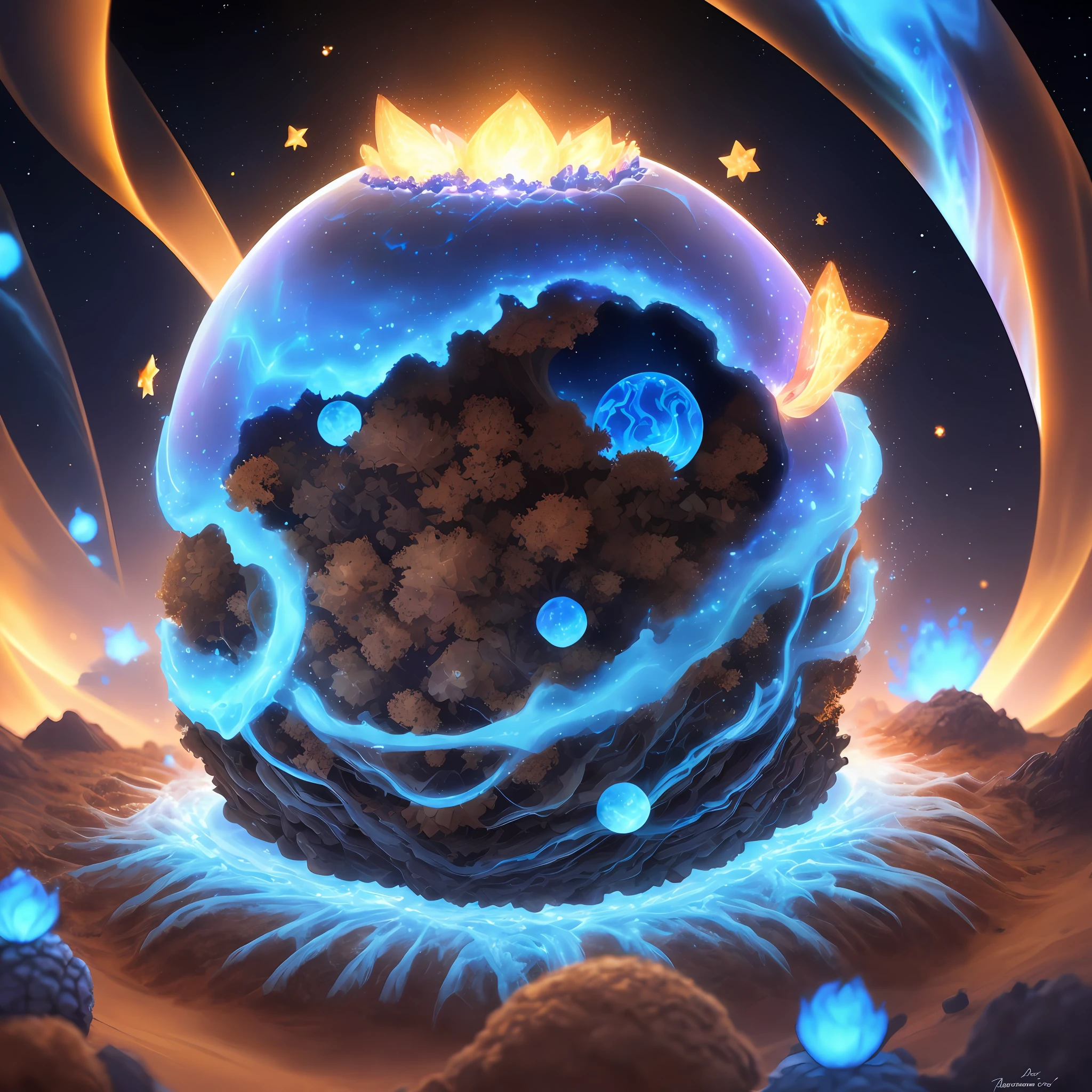 Fantastic anthill in the form of a dying star in the arms of a blue flame