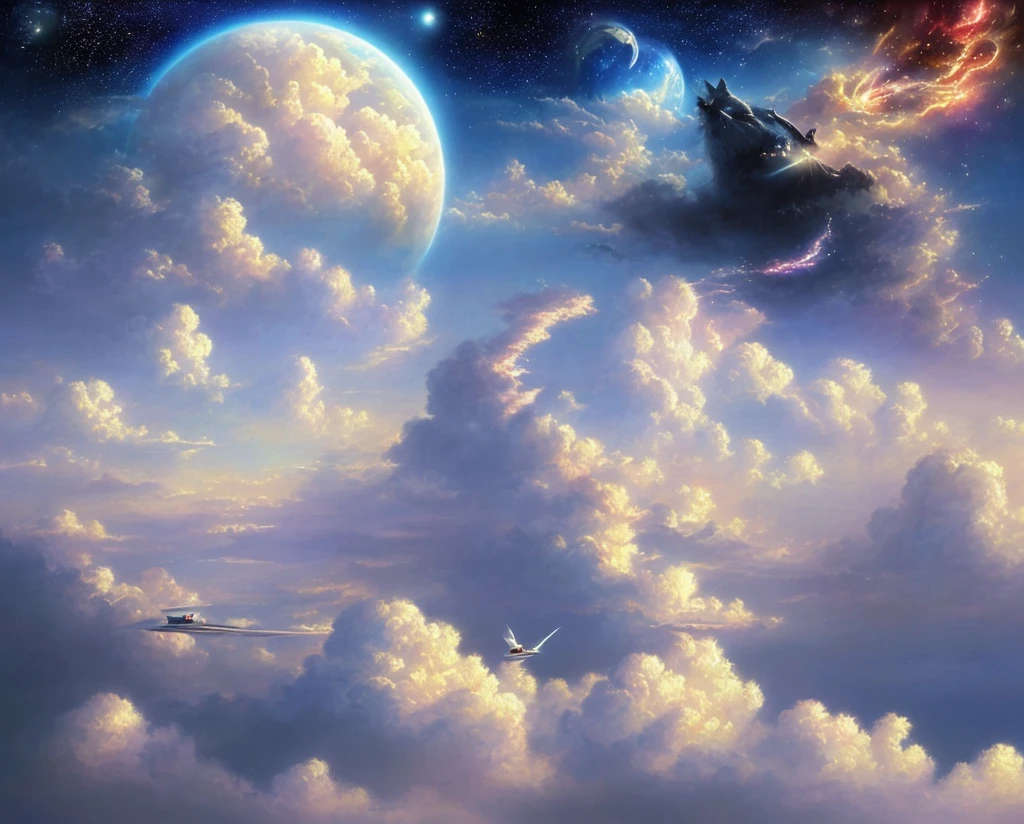 a beautiful painting of a staircase with flowers leading to the sky, ((in the clouds has many faces of pets)), surrealist painting, staircase to heaven, illuminated path to heaven, various cats and dogs, sky of pets, sky of animals, jim warren, surreal painting, beautiful work of art, surreal art, surreal fantasy, surrealism, masterpiece, artwork painted by Jim Warren, panoramic camera, cinematic lighting.
