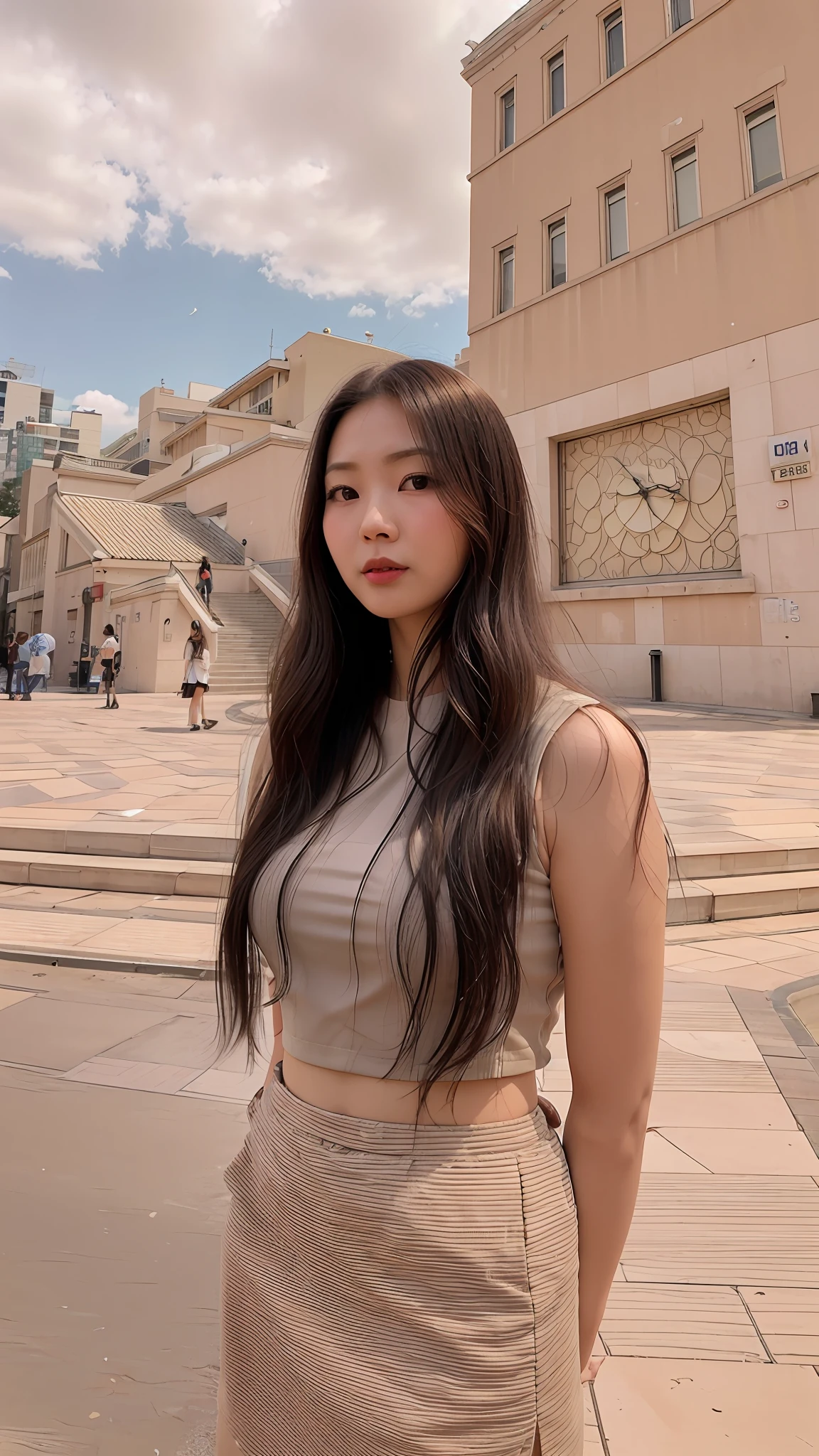 there is a woman standing in front of a building with a clock on it, a young asian woman, an asian woman, asian girl with long hair, chinese girl, young asian woman, chinese woman, asian woman, young asian girl, asian girl, xision wu, beautiful asian girl, korean woman, mai anh tran, with long hair, korean girl, medium round breasts, faint smile