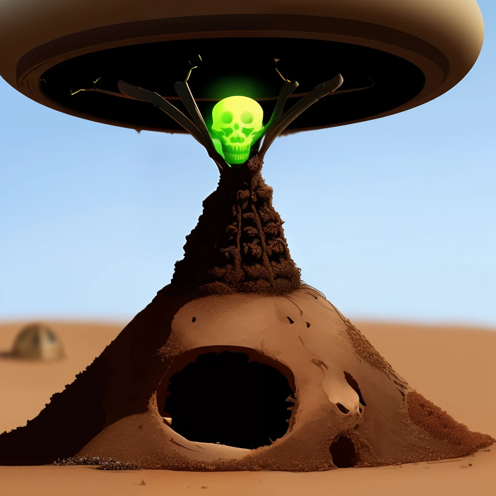 A broken anthill,with skeleton ufo skull inside