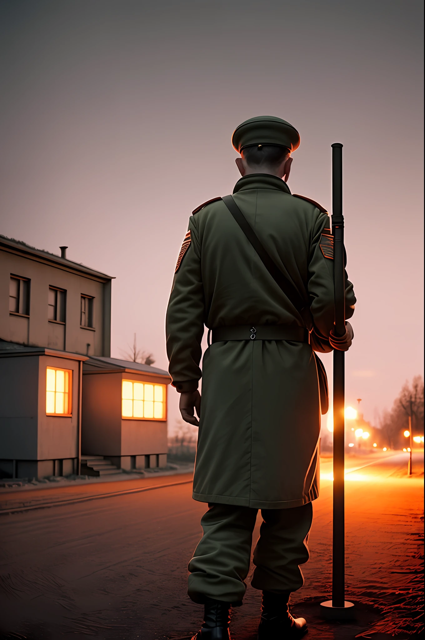 Soviet officer, 1964, with his back to a 1964 Soviet military barracks, night, color image, 1994 Soviet pole with orange light, cgi, 8k, high resolution, image with absurd realism