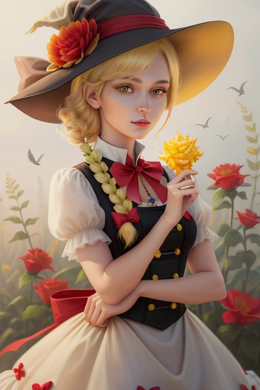 Beautiful woman, super realistic, extremely detailed, 4k, short hair, blonde hair, yellow eyes, flower in hair, yellow swimsuit, red necklace, bird shins, cute, yellow velvet bracelet, happy, eating corn