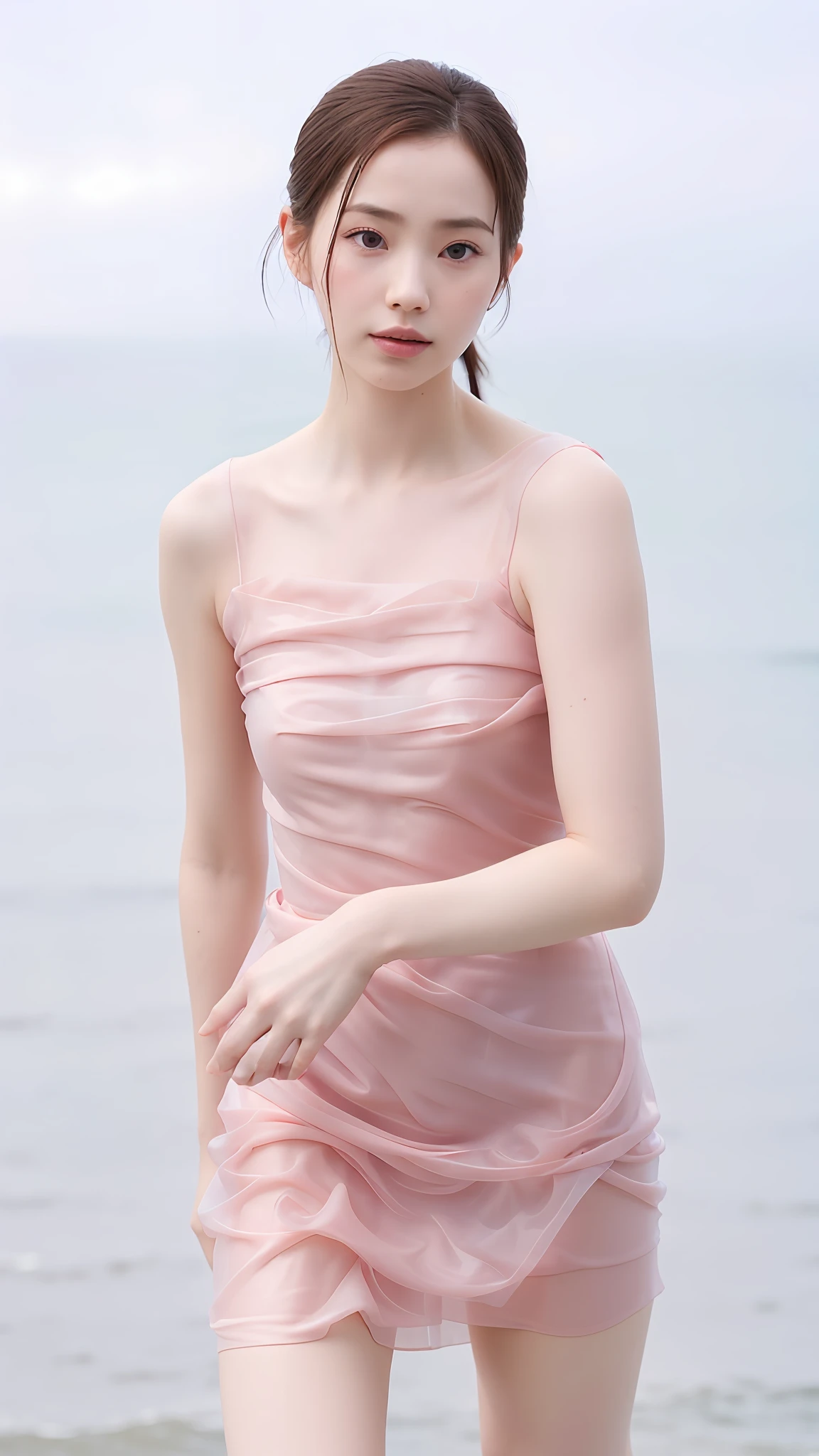 araffe woman in a pink dress standing in the water, smooth pink skin, dilraba dilmurat, pale fair skin!!, pink body, amouranth, translucent dress, bae suzy, pink dress, dressed in a pink dress, translucent silky dress, pale woman, wearing a pink dress, photo of slim girl model, pink skin, medium round breasts, faint smile