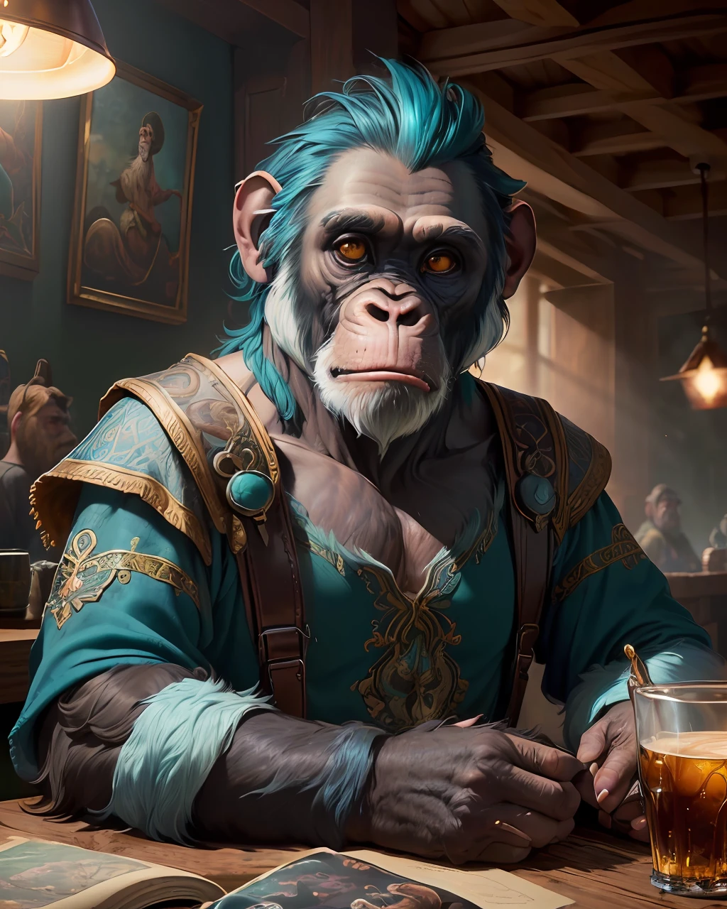 ((best quality)), ((masterpiece)), (detailed), (fantasy art:1.3),Um chimpanzé hipster de óculos, triste em um bar escuro, camisa de flanela xadrez, (rim lighting,:1.4) two tone lighting, sharp focus, teal hue, highly detailed face, highly detailed fur, (8k resolution:1.2)