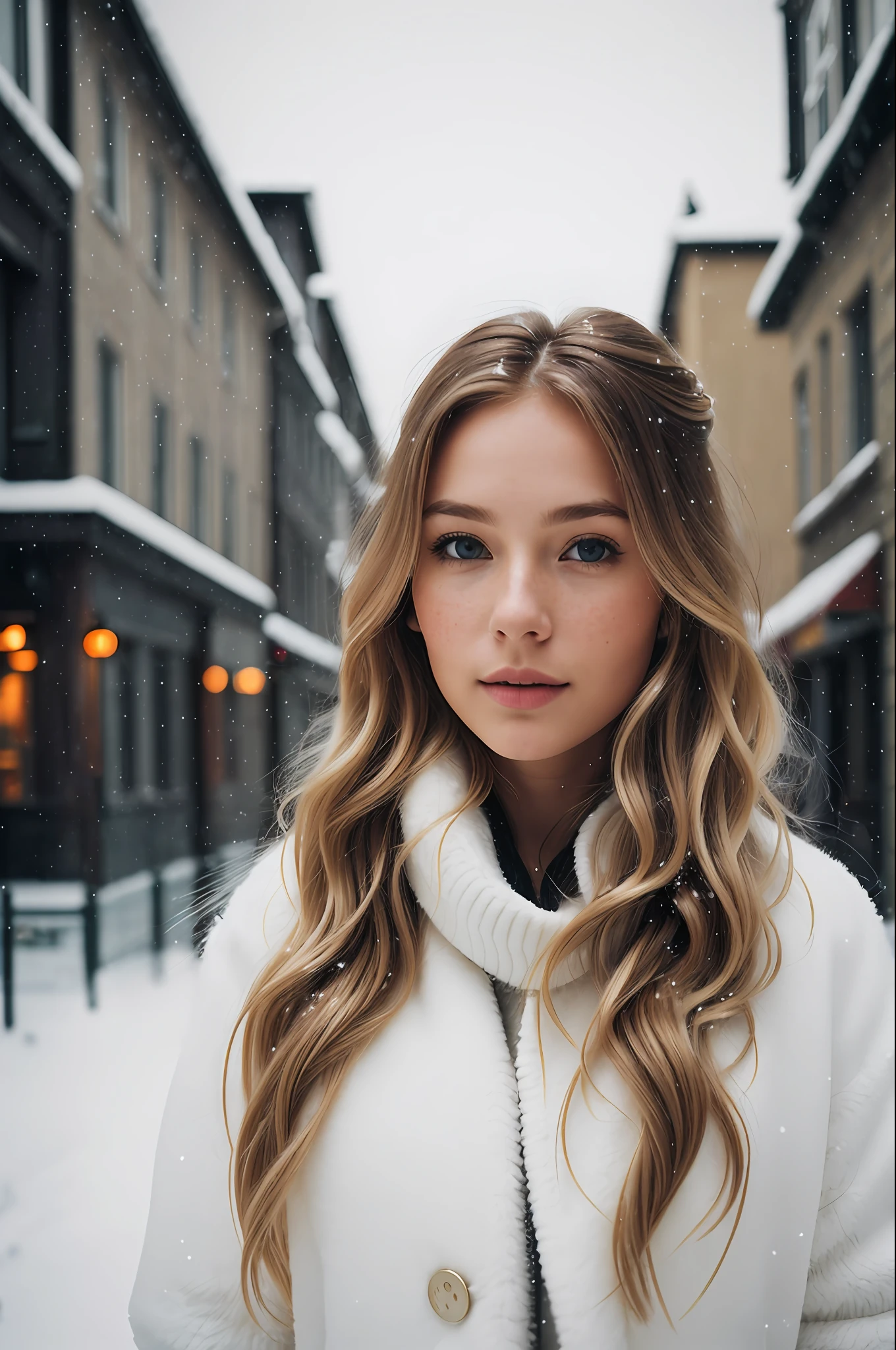 professional portrait photograph of a gorgeous Norwegian girl in winter clothing with long wavy blonde hair, (( flirty look)), freckles, beautiful symmetrical face, cute natural makeup, ((standing outside in snowy city street)), stunning modern urban upscale environment, ultra realistic, concept art, elegant, highly detailed, intricate, sharp focus, depth of field, f/1. 8, 85mm, medium shot, mid shot, (centered image composition), (professionally color graded), ((bright soft diffused light)), volumetric fog, trending on instagram, trending on tumblr, hdr 4k, 8k
