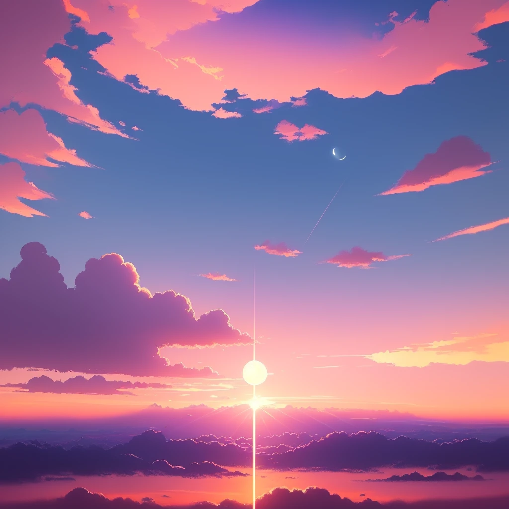 a painting of a sunset with clouds and a moon, a digital painting inspired by sylvain sarrailh, Artstation, conceptual art, anime sky, colorful skies, anime clouds, colorful sky, fluffy pink anime clouds, anime landscape, colourful sky, lofi colors, lofi artstyle, detailed sky, anime background, dreamy sky, colorful clouds