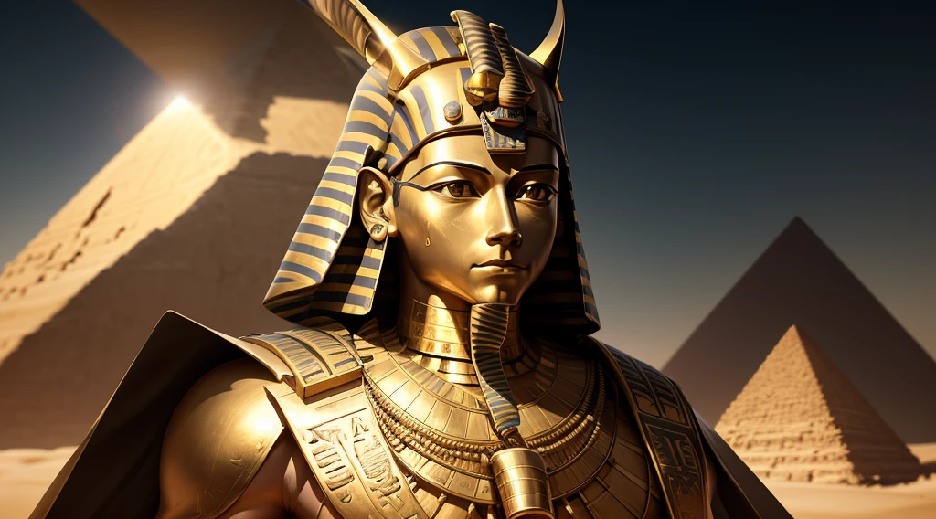 image of the man king pharaoh Tutankhamun in the center of the image. Make sure that it is imposing and dominant,As background, insert the three majestic pyramids of Egypt, creating an ancient and mysterious atmosphere. In the sky, include a radiant sun, providing a touch of light and drama to the scene. Be sure to use a cinematic color palette to highlight the ambiance and emotion of the image.