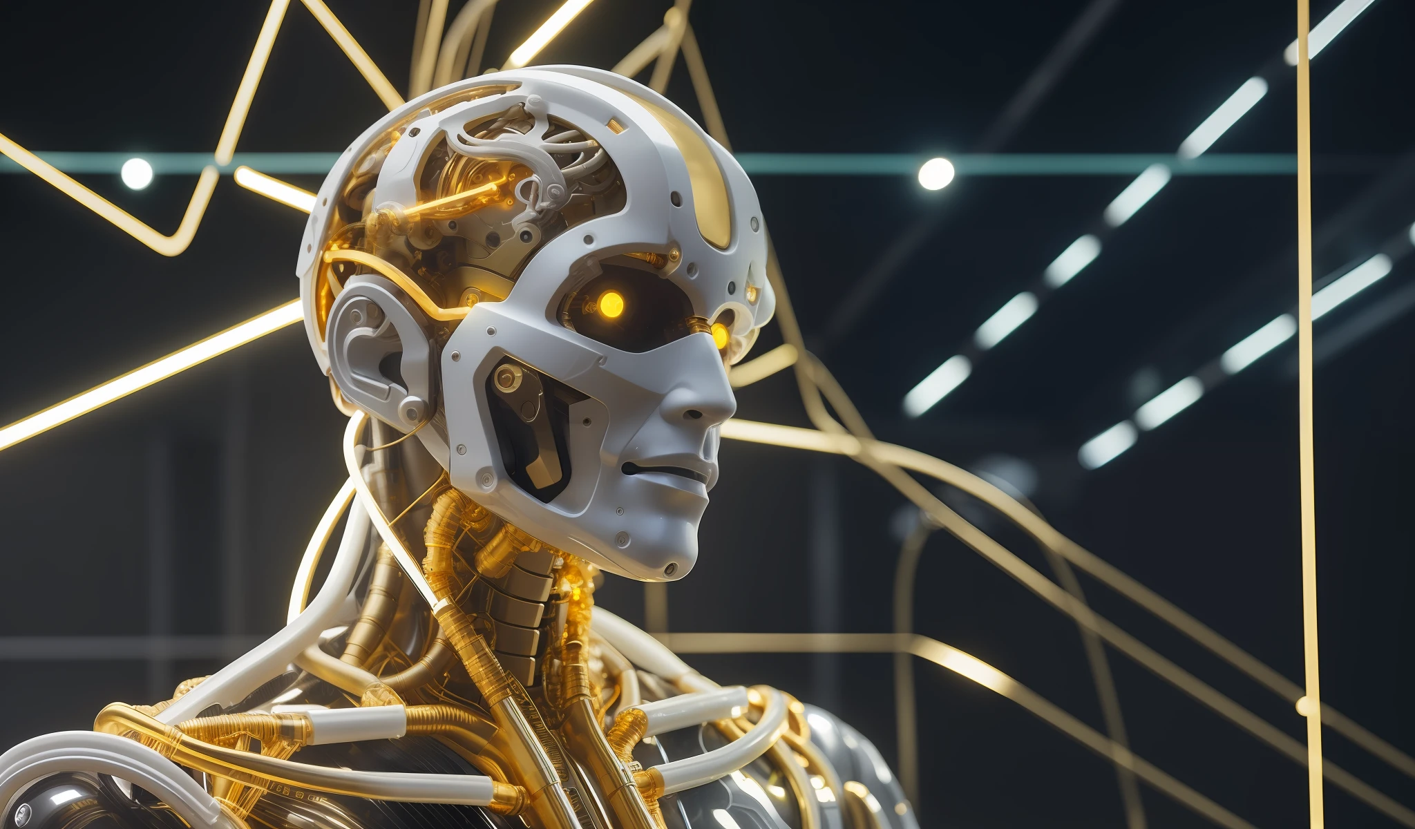 Man, Gold Flows Oil From Wires Cyborg Man | With Visible Detailed Brain | muscle wires | Biopunk | Cybernetic | Cyberpunk | white marble bust | Canon M50 | 100 mm | Sharp Focus | Smooth | Hyperrealism | Very detailed | Complex Details | carved by Michelangelo