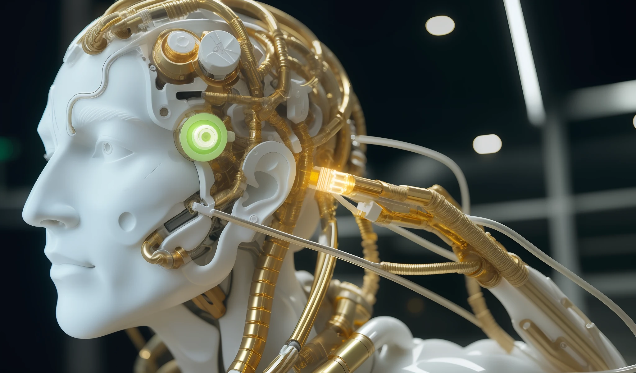 Man, Gold Flows Oil From Wires Cyborg Man | With Visible Detailed Brain | muscle wires | Biopunk | Cybernetic | Cyberpunk | white marble bust | Canon M50 | 100 mm | Sharp Focus | Smooth | Hyperrealism | Very detailed | Complex Details | carved by Michelangelo