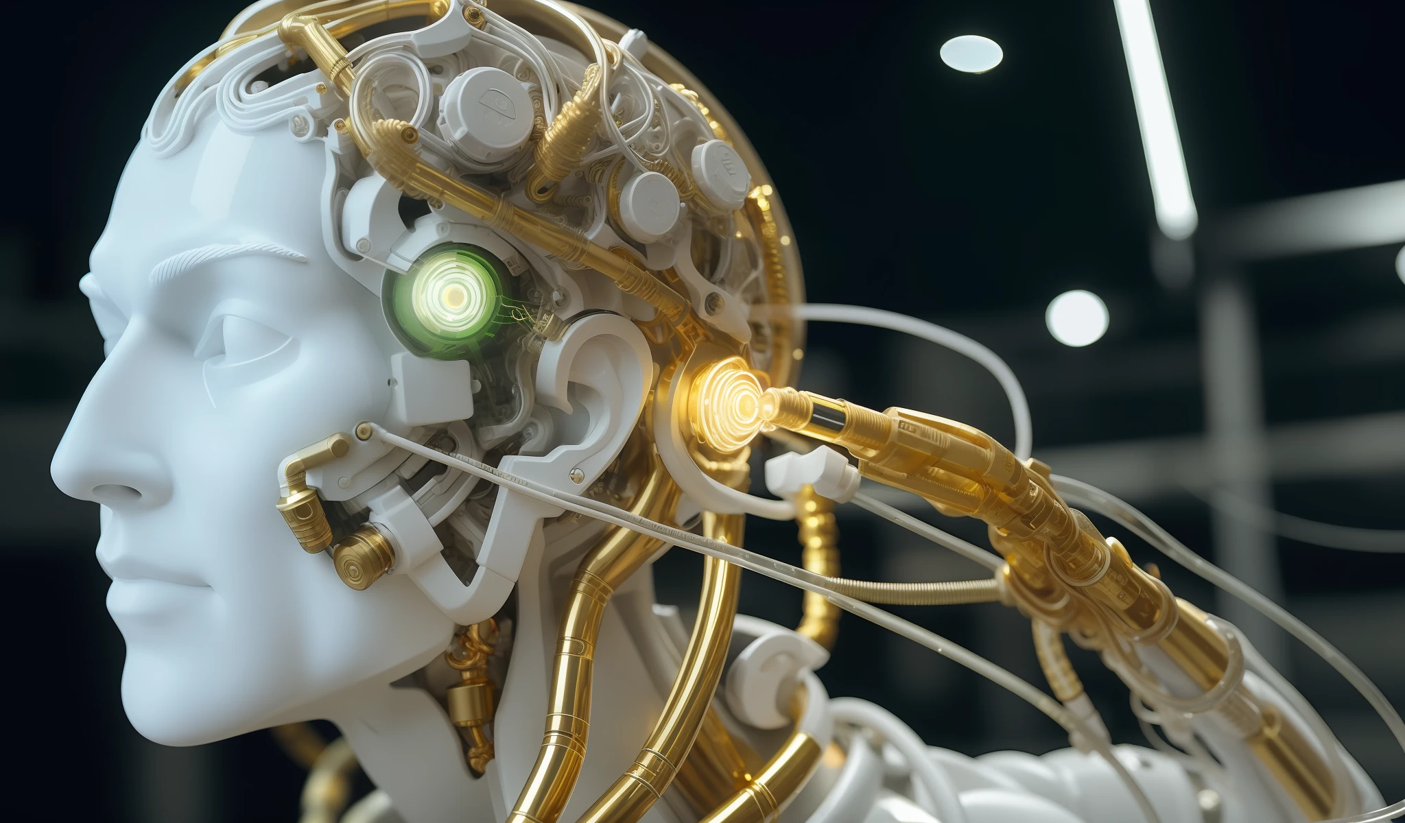 Man, Gold Flows Oil From Wires Cyborg Man | With Visible Detailed Brain | muscle wires | Biopunk | Cybernetic | Cyberpunk | white marble bust | Canon M50 | 100 mm | Sharp Focus | Smooth | Hyperrealism | Very detailed | Complex Details | carved by Michelangelo