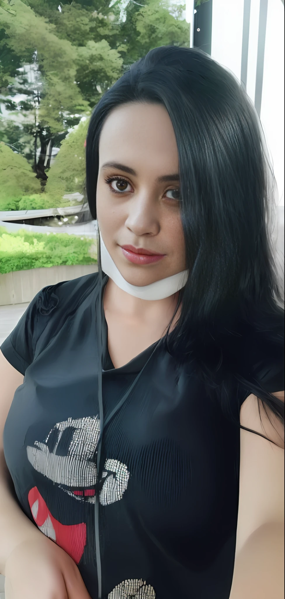 There is a woman with a girdle around her neck and a black shirt, profile picture, 30 year old woman without makeup, profile picture, wearing white color mask, 8K photography, has to get ultra realistic, amazing modeling of the incredibly realistic person, close to reality.