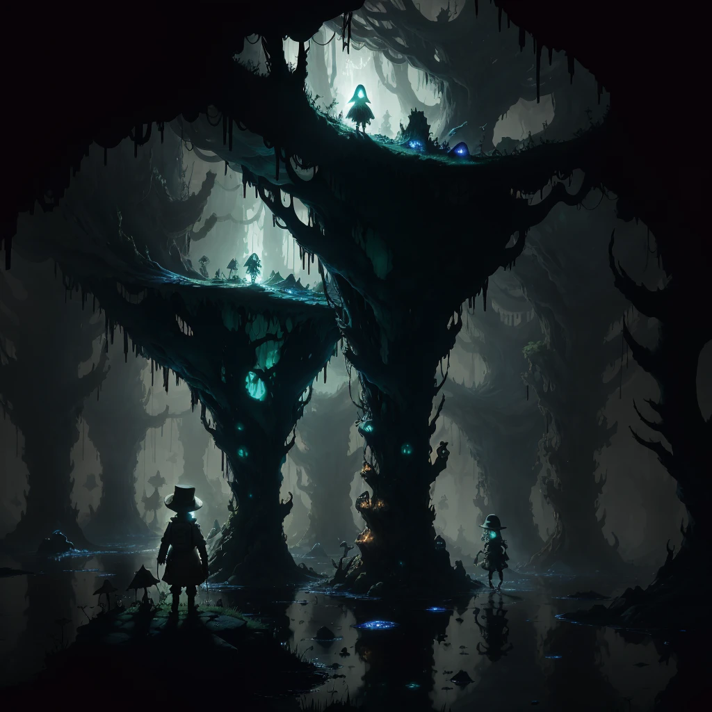 Made in Abyss, an otherworldly wonderland of fascination and terror. The underground world is filled with strange creatures and marvels, but also hides unimaginable dangers. Descending deeper and deeper into the Abyss, the atmosphere becomes more oppressive and unsettling, with a sense of dread lurking around every corner. The walls drip with moisture, and the faint glimmer of luminescent fungi casts an eerie glow. The lighting is scarce, offering only glimpses of the looming darkness ahead. The shadows play tricks on the mind, impossible to predict, and a constant reminder of the Abyss's ever-present hazards