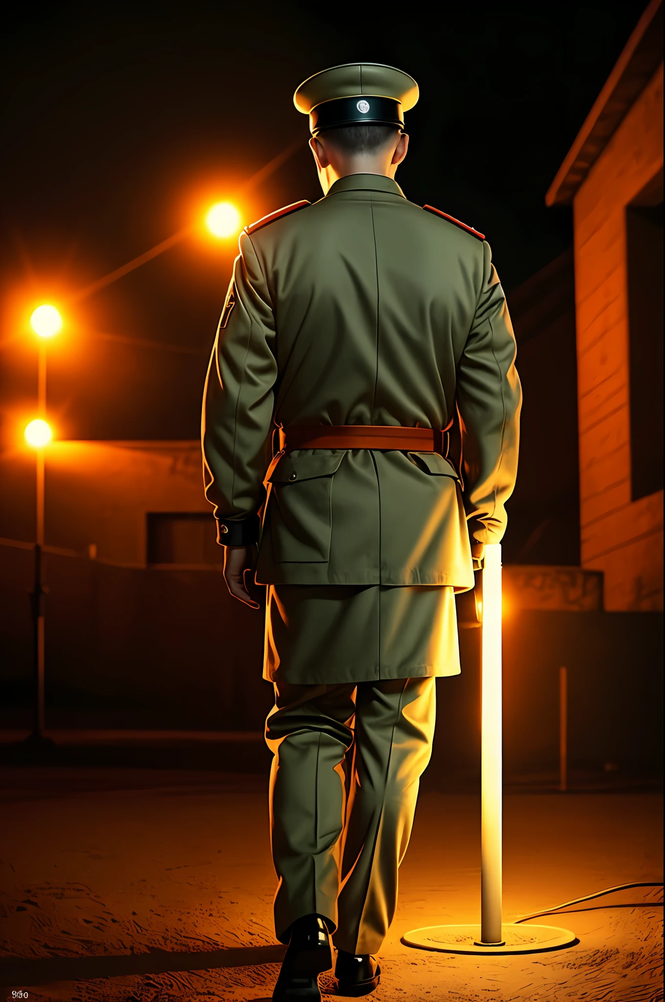 Soviet officer in 1964 uniform, with his back to a 1964 Soviet military barracks, night, 1994 Soviet pole with orange light, cgi, 8k, high resolution, image with absurd realism