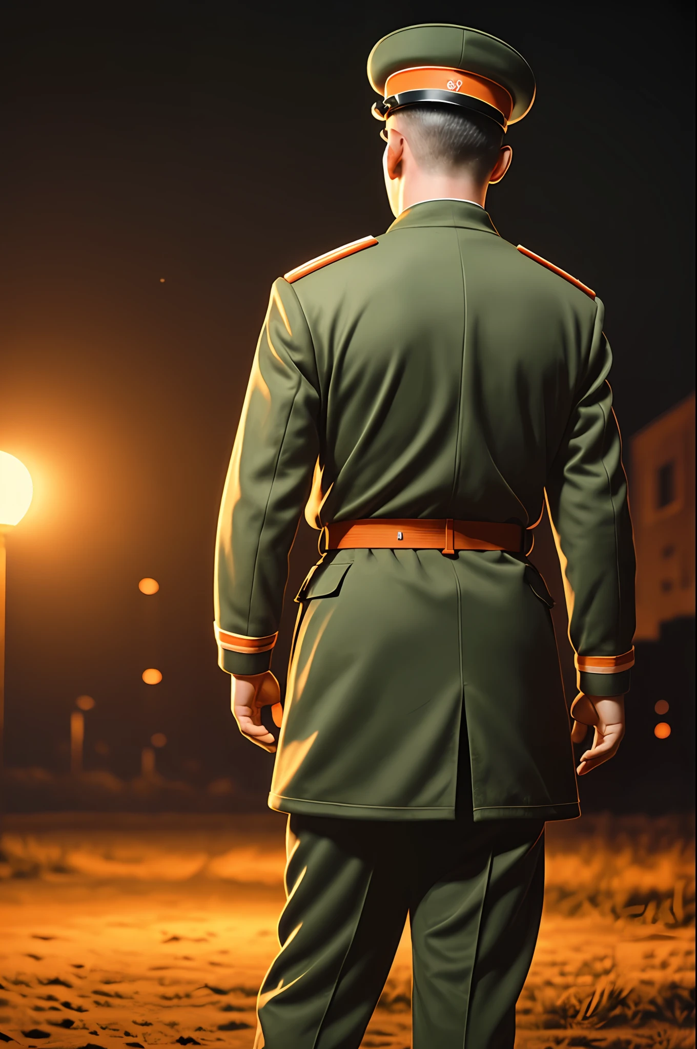 Soviet officer in 1964 uniform, with his back to a 1964 Soviet military barracks, night, 1994 Soviet pole with orange light, cgi, 8k, high resolution, image with absurd realism