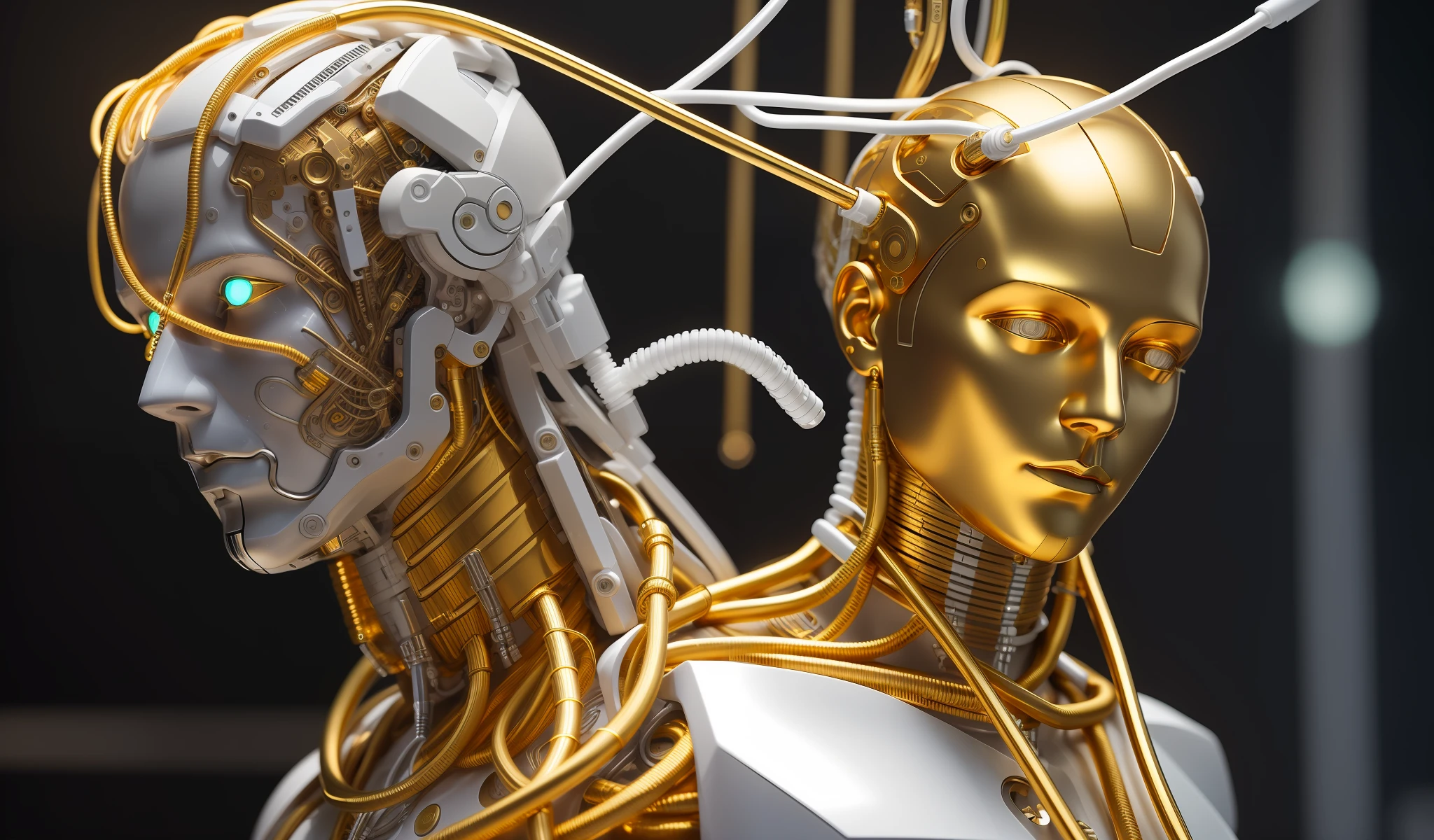 Man, Gold Flows Oil From Wires Cyborg Man | With Visible Detailed Brain | muscle wires | Biopunk | Cybernetic | Cyberpunk | white marble bust | Canon M50 | 100 mm | Sharp Focus | Smooth | Hyperrealism | Very detailed | Complex Details | carved by Michelangelo