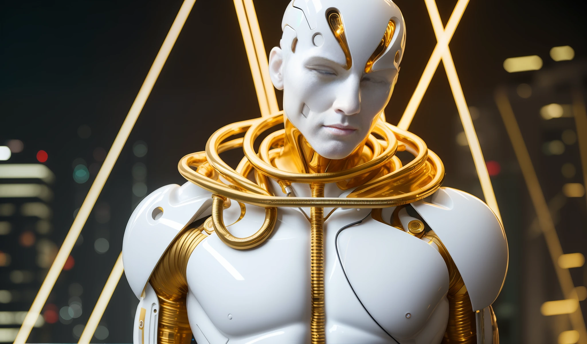 Man, Gold Flows Oil From Wires Cyborg Man | With Visible Detailed Brain | muscle wires | Biopunk | Cybernetic | Cyberpunk | white marble bust | Canon M50 | 100 mm | Sharp Focus | Smooth | Hyperrealism | Very detailed | Complex Details | carved by Michelangelo