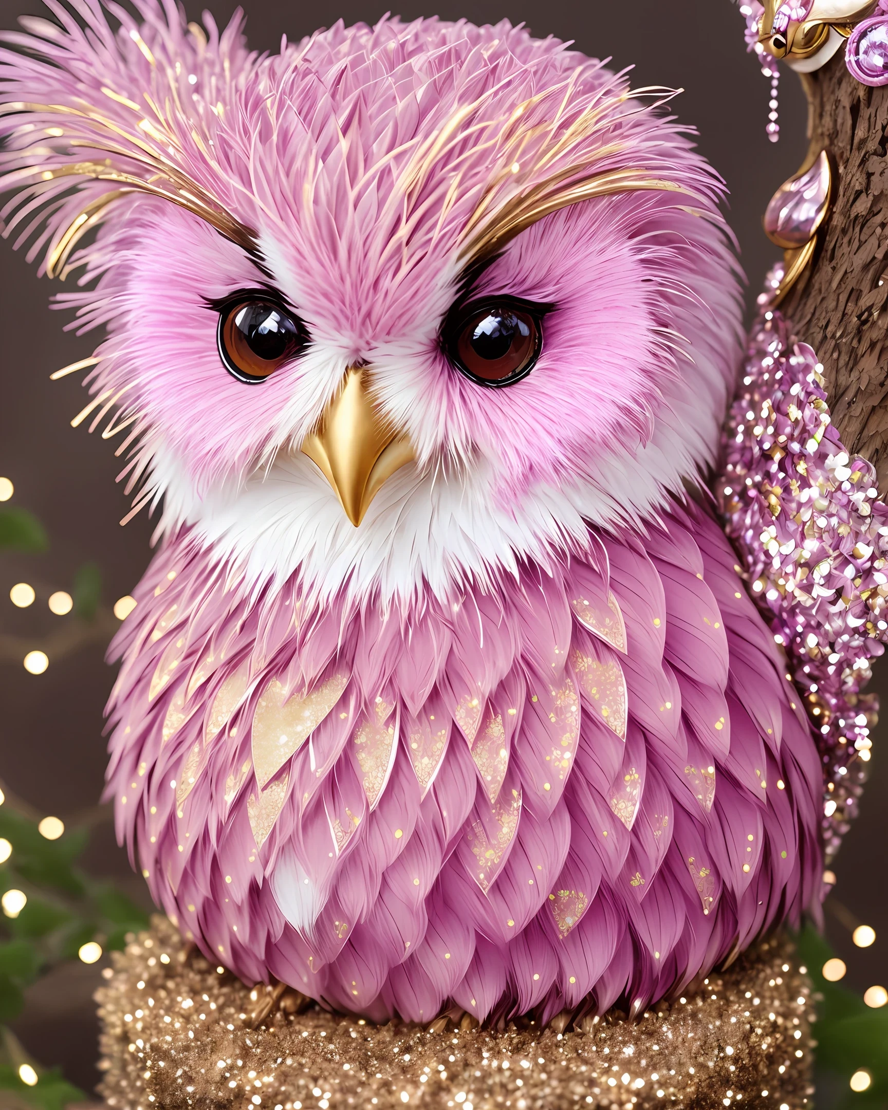 Whimsical fantasy owl with glitter pink and glam on a anthill fantasy style