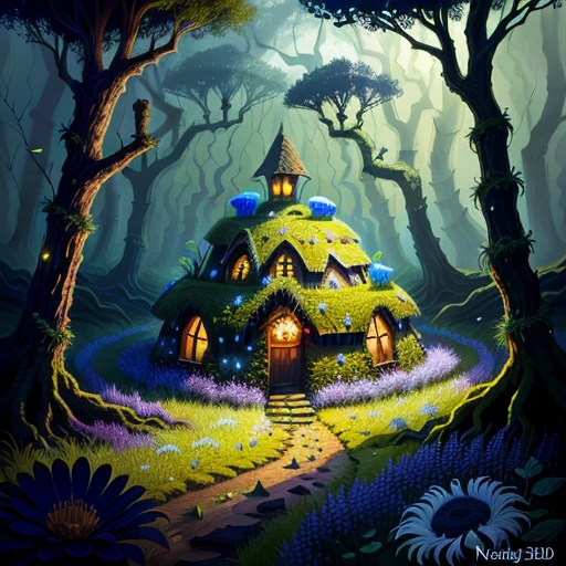 an ant hill made from broken glass shoes, grass and flower growing out, dark fantasy night forest ambiance