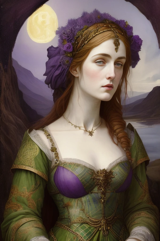 (Pre-Raphaelite painting), (Renaissance painting), filter vignette, Celtic goddess of the star with serpent, Celtic plaid clothing, serpent and egg, star on the top of her head, image is flying in the night sky, between clouds and stars, shades of violet and clouds