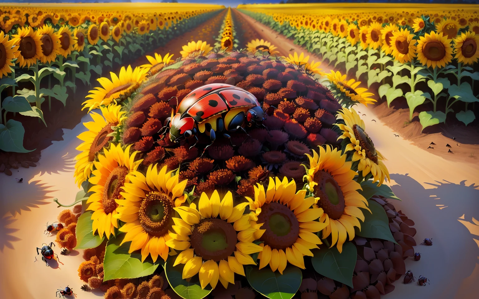 a ladybug shaped anthill, sunflowers, Ants, insects, garden