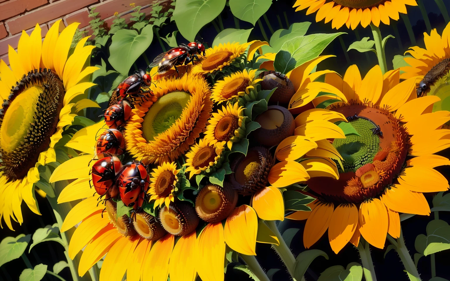 a ladybug shaped anthill, sunflowers, Ants, insects, garden