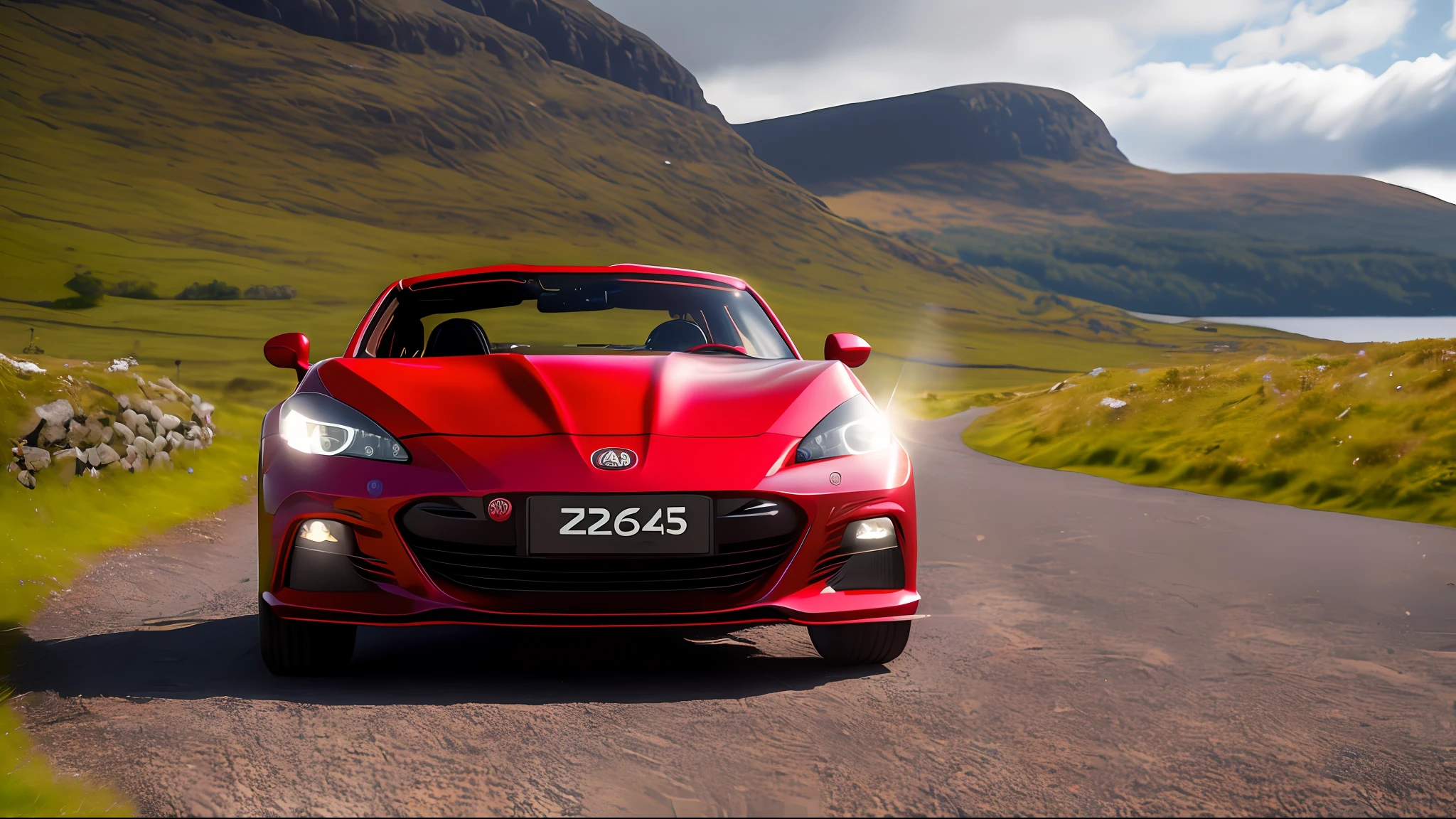 photo of red 2016 MazdaMiata on a road in the Scottish Highlands on a sunny day. High quality photo, lens flare, bokeh, 8k resolution, gobo lights, warm ambient light, volumetric light, neon lights, depth of field, analog, haze, light bloom, Canon 5D,