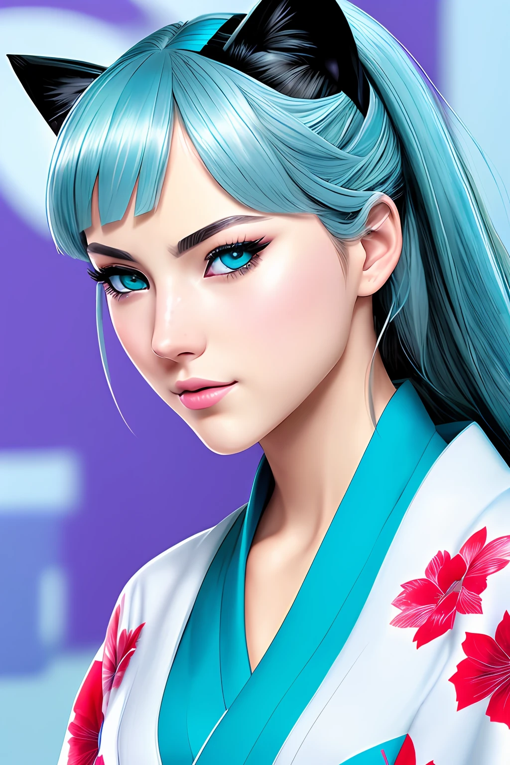 ((Ultra-Detailed)), ((Realistic Cartoon)), ((Heterochromia Neko Kimono)): a remarkable and breathtaking artwork featuring a neko girl with heterochromia in her eyes wearing a beautiful kimono. Every aspect of the ultra-detailed illustration is expertly rendered, from the intricate patterns of the kimono's fabric to the hyper-detailed coloring and texture in the character's fur. The skillfully detailed heterochromia in her eyes provides an added layer of nuance and depth to the artwork. Scenic, masterpiece.