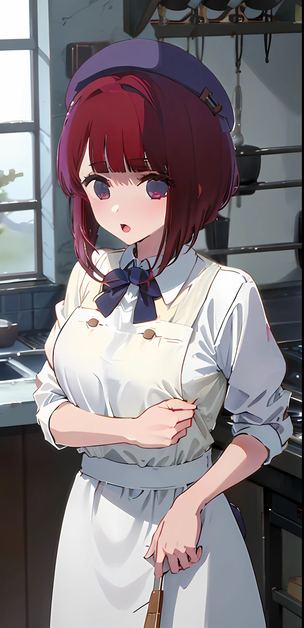 masterpiece, 1girl, solo, kana_arima\(oshinoko\), hat, park, cooking food, kitchen background, chef outfit large breast