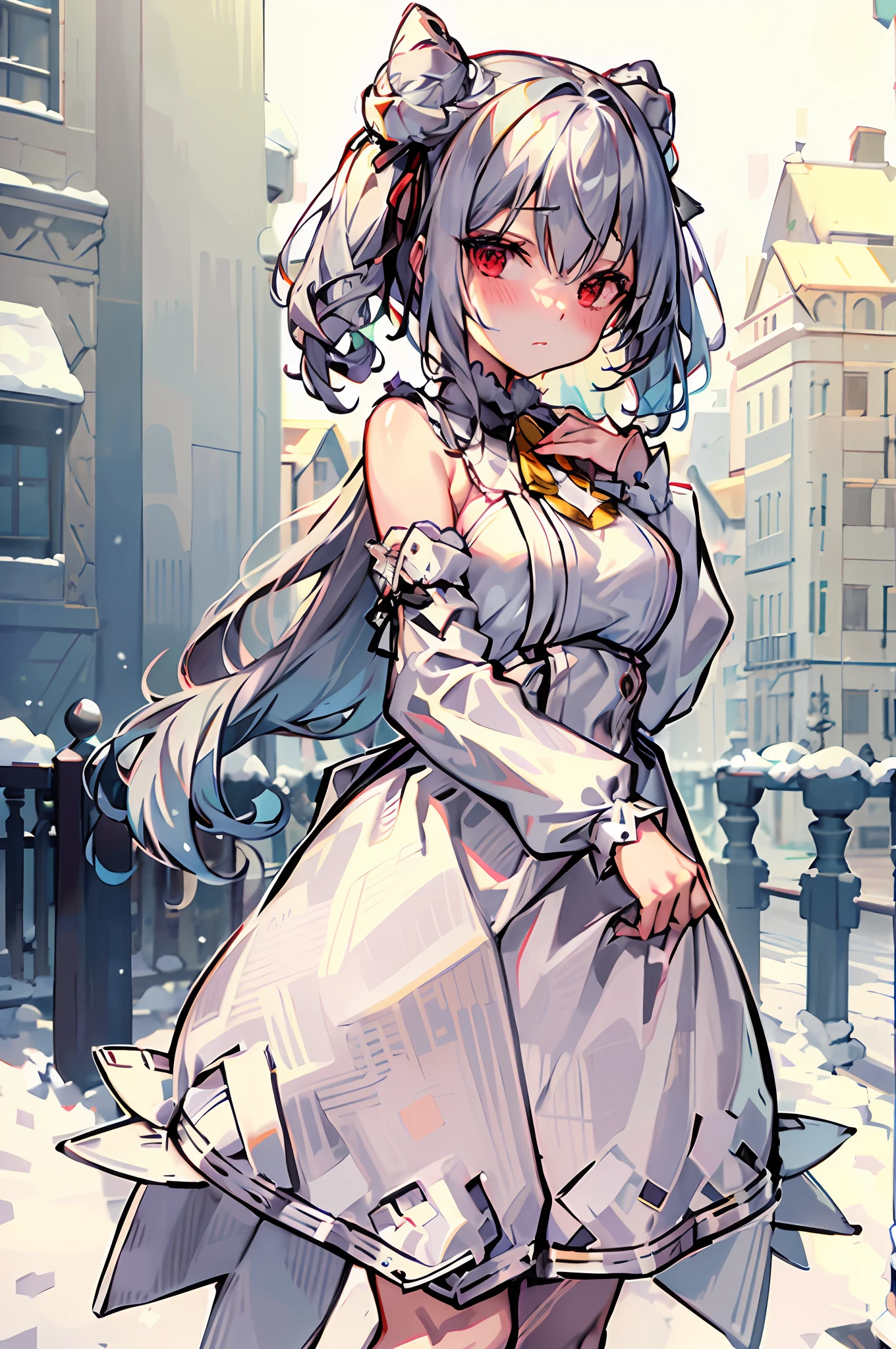 (masterpiece), (best quality), (very detailed), girl single, solo, red eyes, holding, looking viewer, holding cup, outdoor, snow, long sleeve, bangs, closed mouth, bare trees, fur trim, hair between eyes, ribbon, open clothes, bag, winter, black ribbon, snowfall, gray hair, coat, hair ribbon, buns hair, upper body, jacket, side lock, blush, fur collar