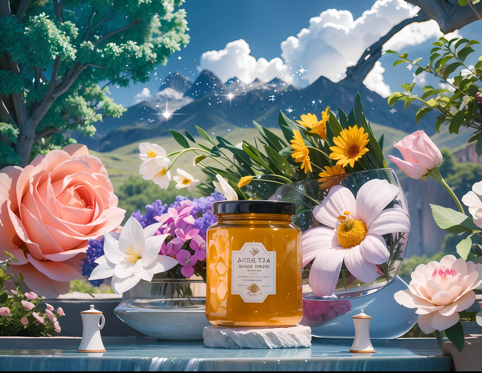 honey jar,ultra detailed,ultra quality, hyper-realistic scene, retain the original appearance of the honey jar, generate a good-looking background atmosphere, Product photography of a honey jar, arranged with plants and flowers, realistic, light background, realistic rendering, blue sky background, water , Sunlight, Low View, Blender, Product Rendering, HD 8K Illustration of a hyperrealistic , otherworldly, ultrasky scene featuring a giant crystal tree full body,very detailed and magical lighting, intricate forest details, vegetation and river around, solarpunk ,landscape, giant tree, beatifull leafy with beautiful lighting and realistic proportions, as if it were a cinematic background, 8k, highest quality, masterpiece, clouds and stars in the sky.