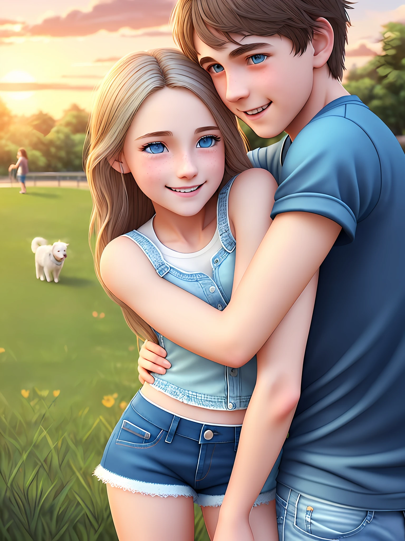 Young white girl with blue detailed eyes, wearing denim shorts in the park, hugging older teenage brother with dimples, sunset background, cheerful and happy facial expressions, dog in the background, character focus, masterpiece, best quality, ultra-detailed, highly detailed CG illustration, extremely delicate cute and beautiful face, cinematic lighting