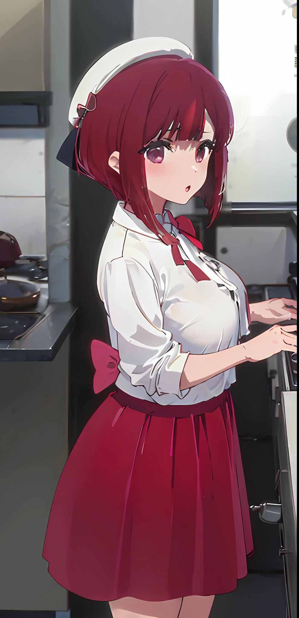 masterpiece, 1girl, solo, kana_arima\(oshinoko\), hat, park, cooking food, kitchen background, red chef outfit, large breast