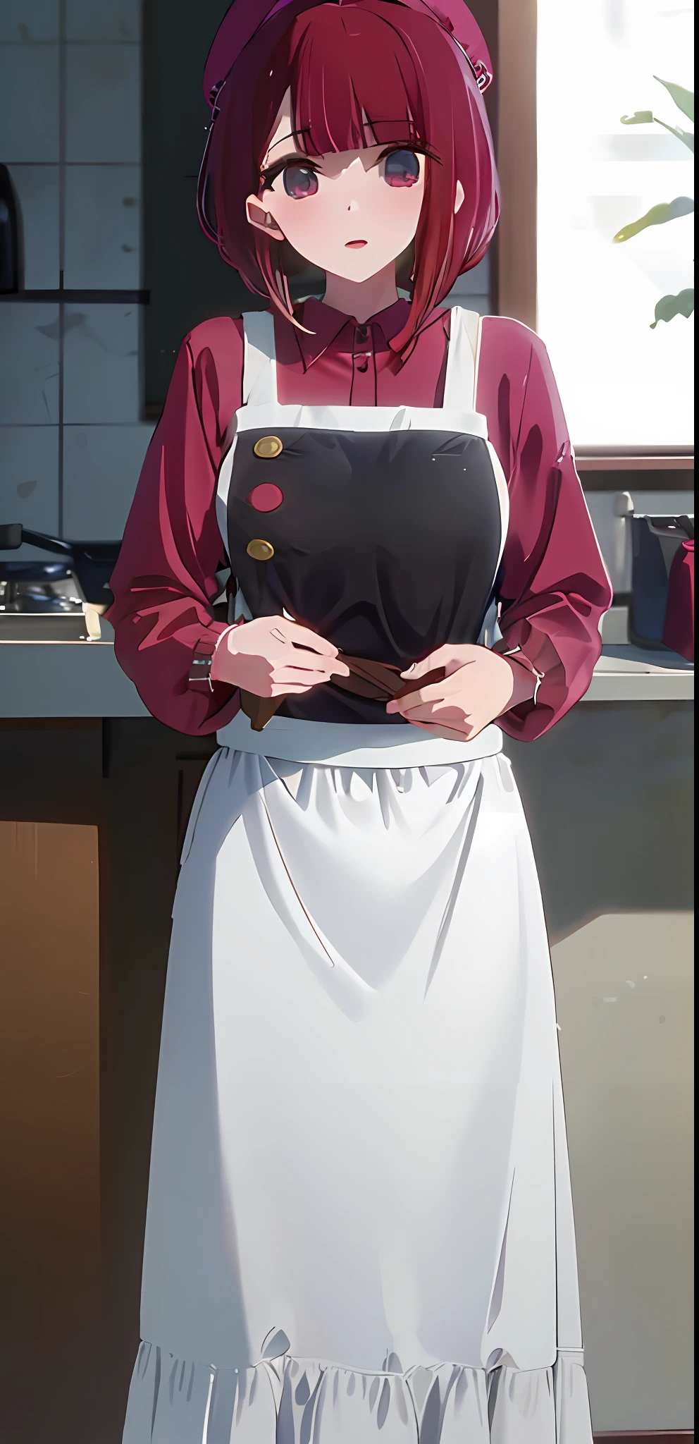 masterpiece, 1girl, solo, kana_arima\(oshinoko\), hat, park, cooking food, kitchen background, red chef outfit, large breast