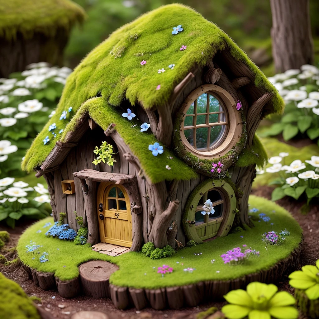 A fairy house with tiny windows and door carved into driftwood, covered in moss and flowers, ants in the yard, add ants