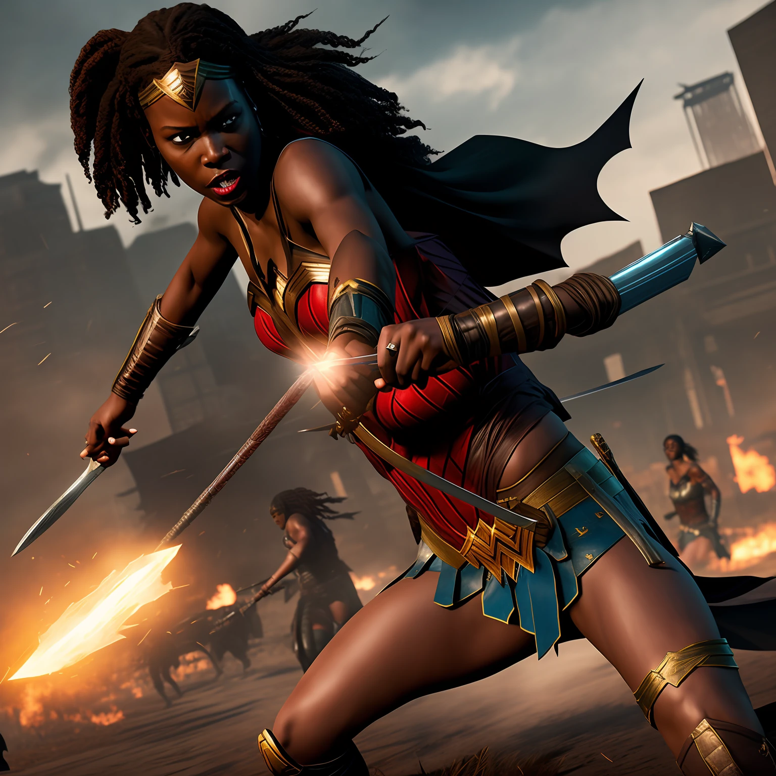 Create a captivating image depicting Michonne from The Walking Dead series dressed as Wonder Woman engaged in an epic battle against Batman's Joker, all set in a post-apocalyptic setting.