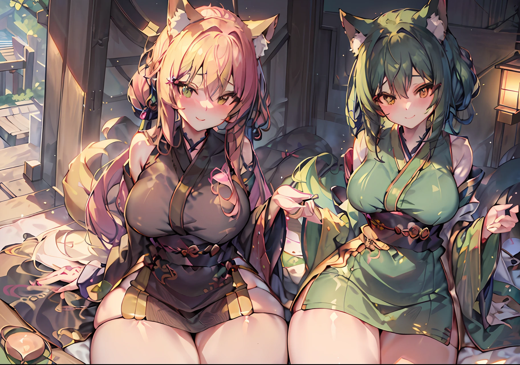 (masterpiece, hyper detailed, best quality, highres, perfect anatomy, super fine illustration, cinematic lighting, caustics, production art, beautiful face, 16K, 32K, kawaii, anime girl:1.2), from below, 1girl, beautiful big anime eye, fox ears, fox tails, kimono, Smiling holding a cup of green tea on the porch of a Japanese wooden houseJapanese room, futon, shoji
