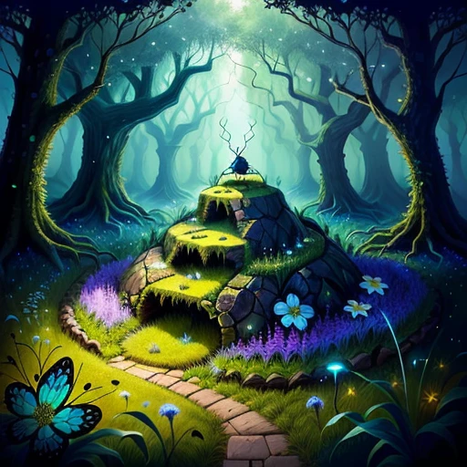an ant hill made from broken glass shoes, grass and flower growing out, dark fantasy night forest ambiance