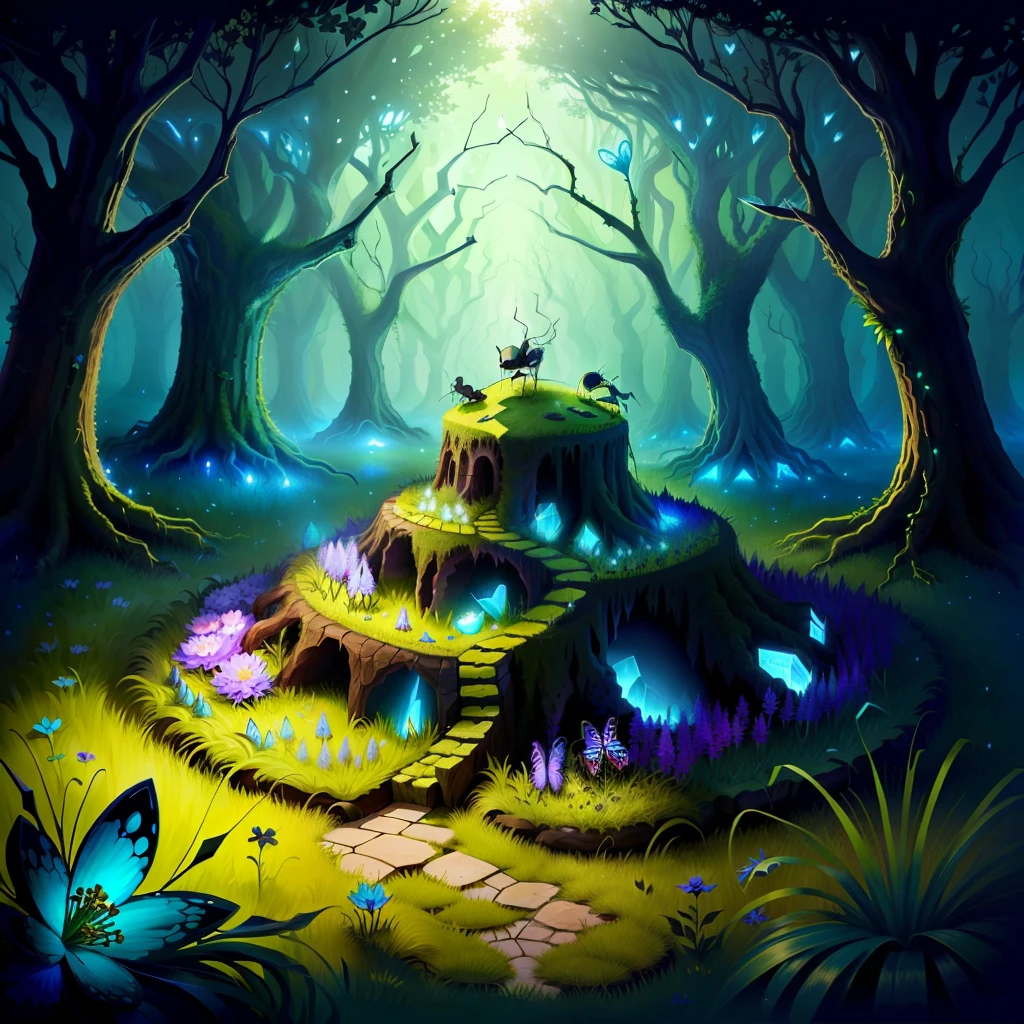 an ant hill made from broken glass shoes, grass and flower growing out, dark fantasy night forest ambiance