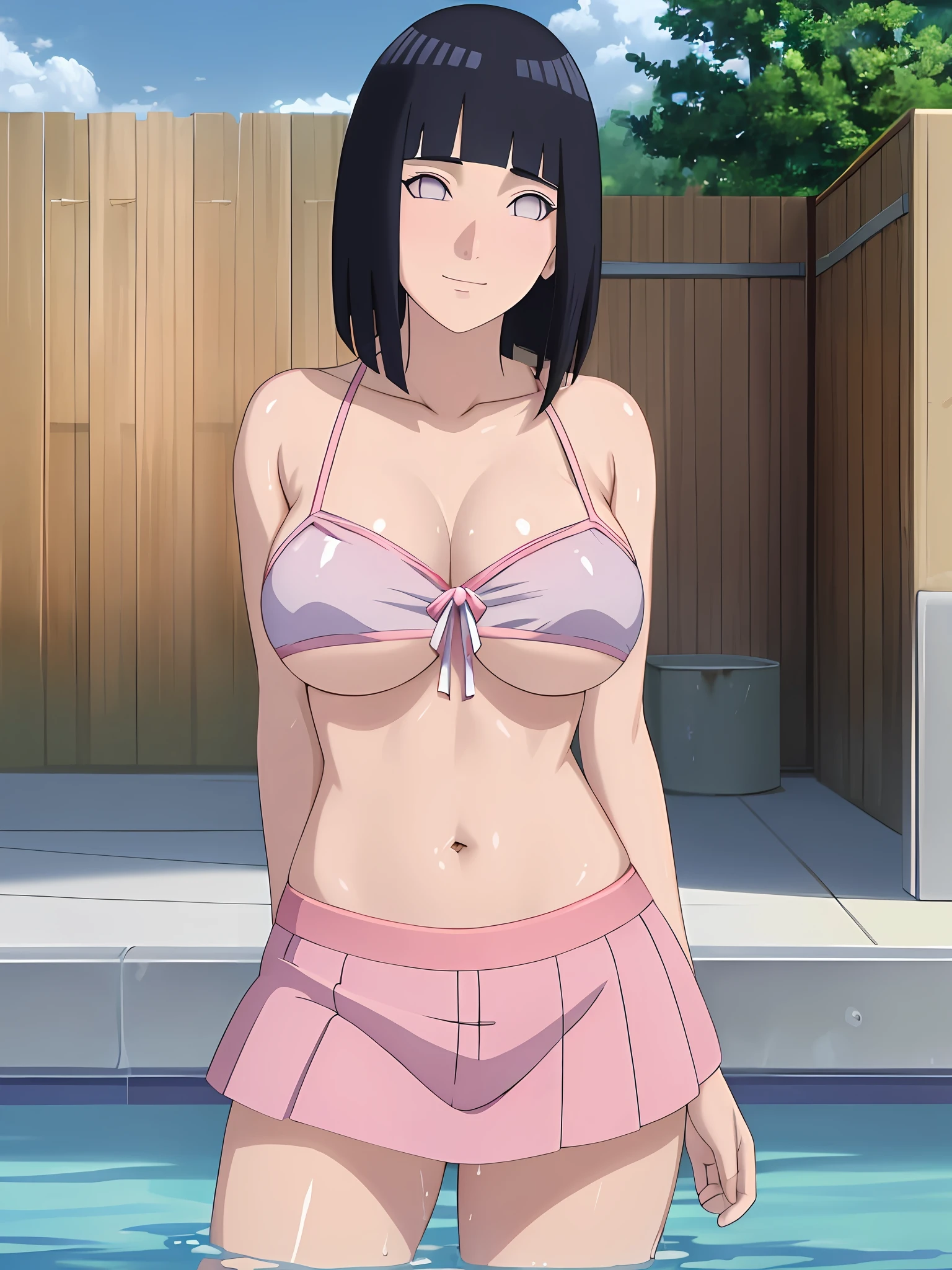 ((masterpiece:1.2)), best quality, Hyuga hinata, pretty face, large_breasts, white shirt, pink skirt, cowboy_shot, looking_at_viewer, light smile, closed_mouth, pool, water, anime screencap