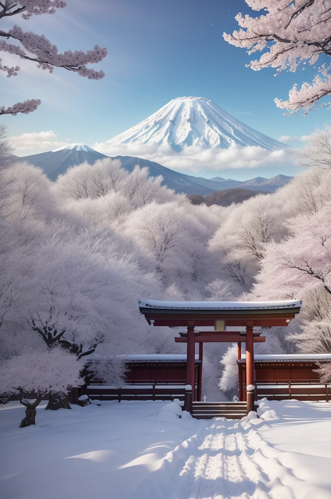 Hyperrealism，8K，(high detail)，Maxon Cinema 4D，Amidst the snow-covered mountain, a beautiful ancient Japanese torii gate stood tall before me, with the majestic Mount Fuji looming in the background. a cherry blossoms, which added a touch of pink to the serene and picturesque scenery. Red leaves fluttered down from the branches and swirled around me, as if they were guiding my way towards this peaceful oasis. With no one else around, only the sounds of nature and the silence of this ancient structure accompanied me, making it a place where time seemed to come to a standstill