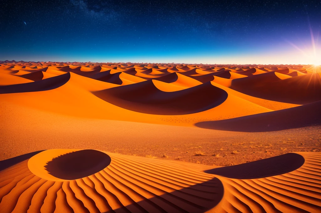 Ultra-detailed and photorealistic desert landscape under a starry night, hallucinatory oasis with bright and vibrant flora and fauna, sand dunes forming intricate patterns, surreal contrast between the serene desert and the vivid mirage. Add small lakes to this image