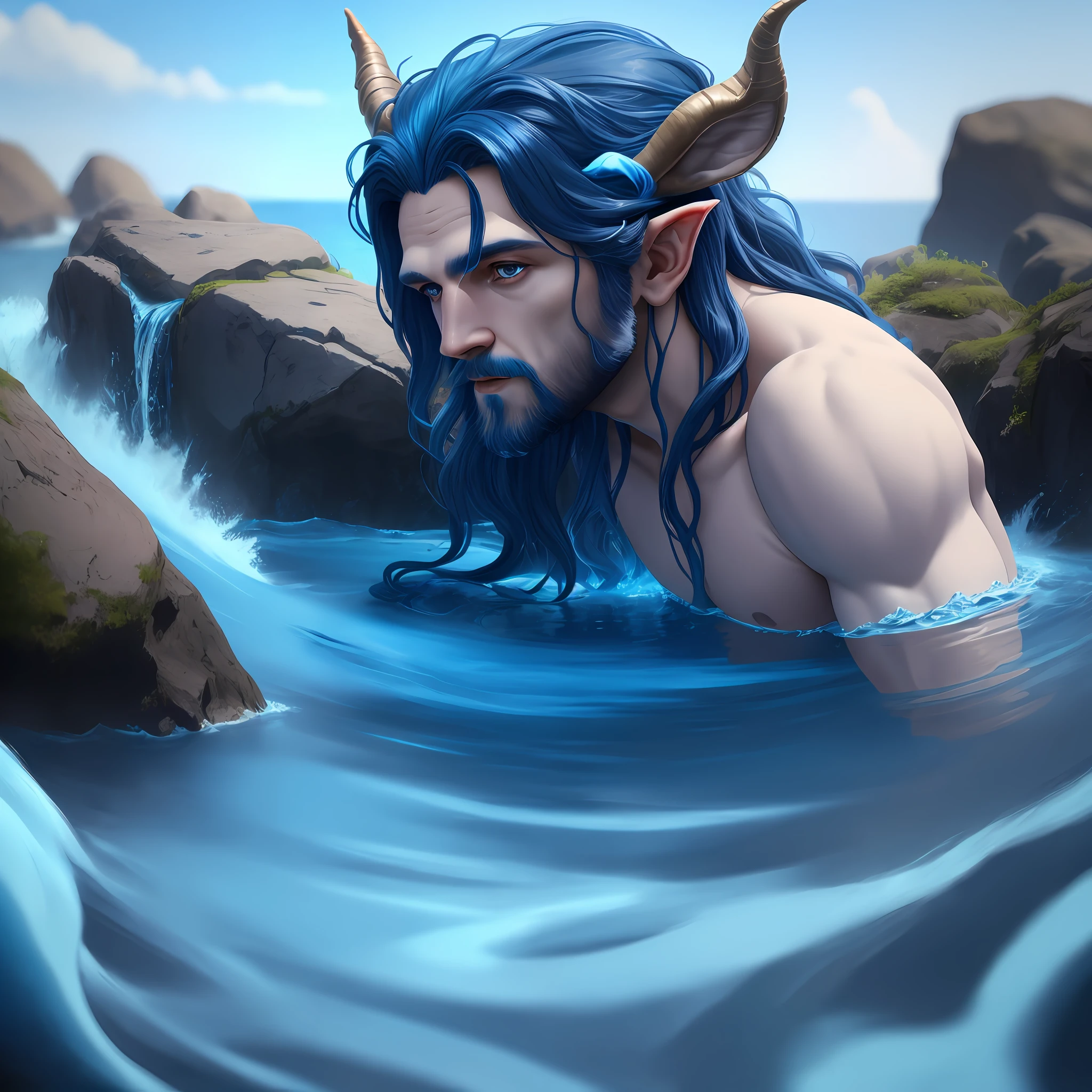 Satyr, fluid blue colors, nature environment, 8k quality, cinematic focus, vivid colors