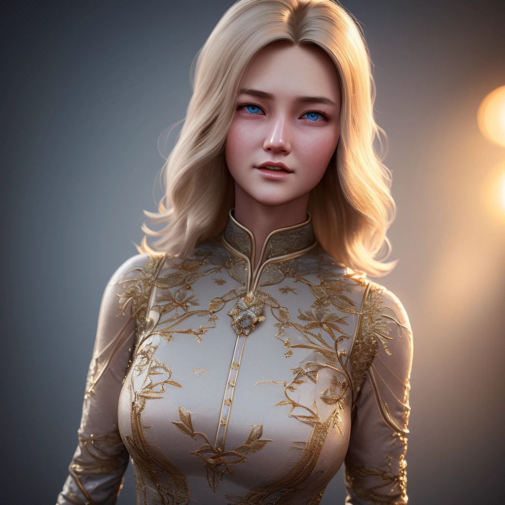 (8k, best quality, masterpiece: 1.2), (detailed eyes), \(detailed facial features\), \(\(detailed clothing features\)\), upper body, (large breasts, neckline), (face focus), extremely detailed CG 8k wallpaper unit, huge file size, ultra-detailed, highres, absurd, beautiful eyes, ray tracing, dramatic shadows, fine details, dramatic angle, high saturation, flare lens, (standing), soft light, detailed skin texture, detailed clothing texture, looking for viewer, 1woman, mature female, blue eyes, blonde hair, light blush, solo, china dress, highleg dress,