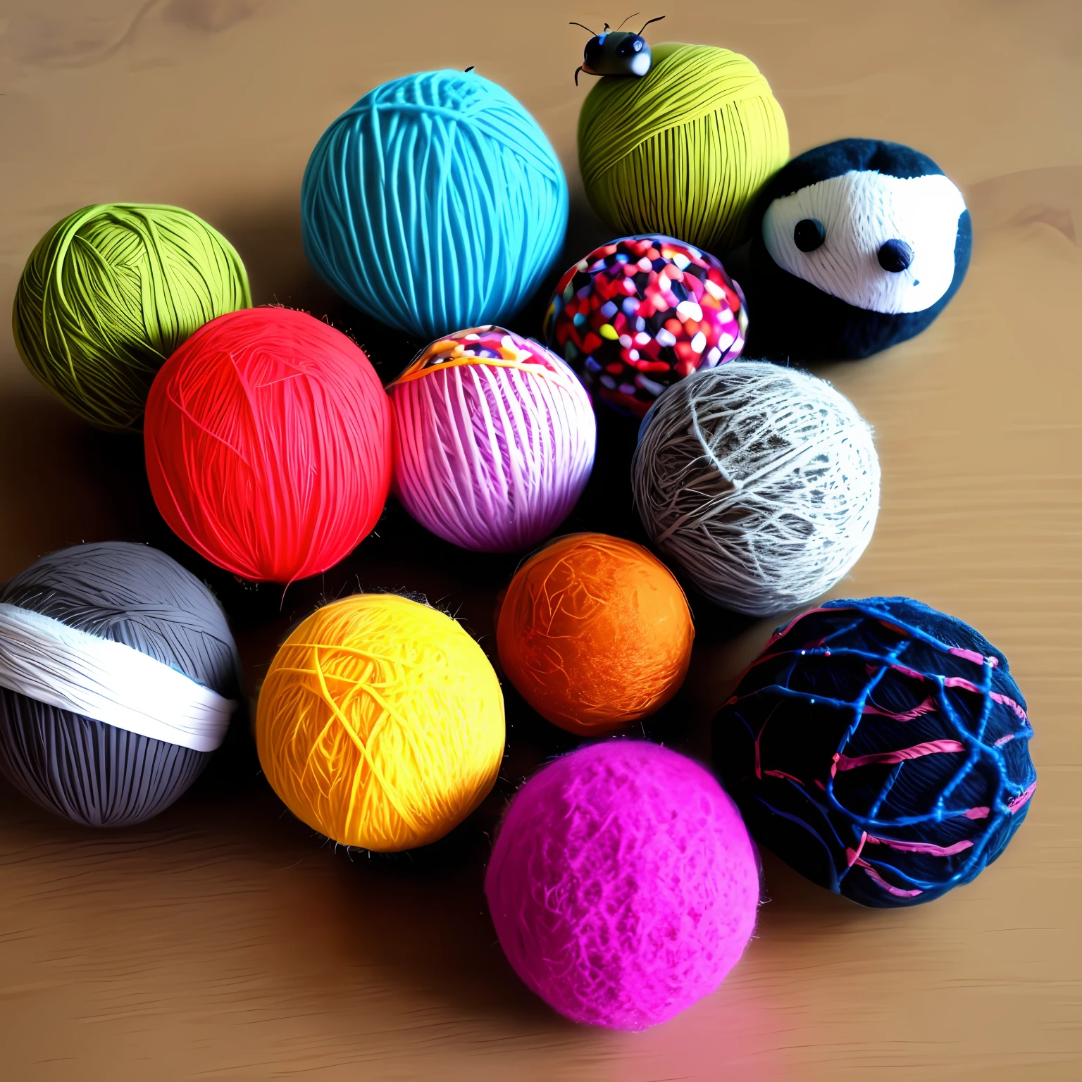 ants knitting with a lot of yarn balls around them in different colors