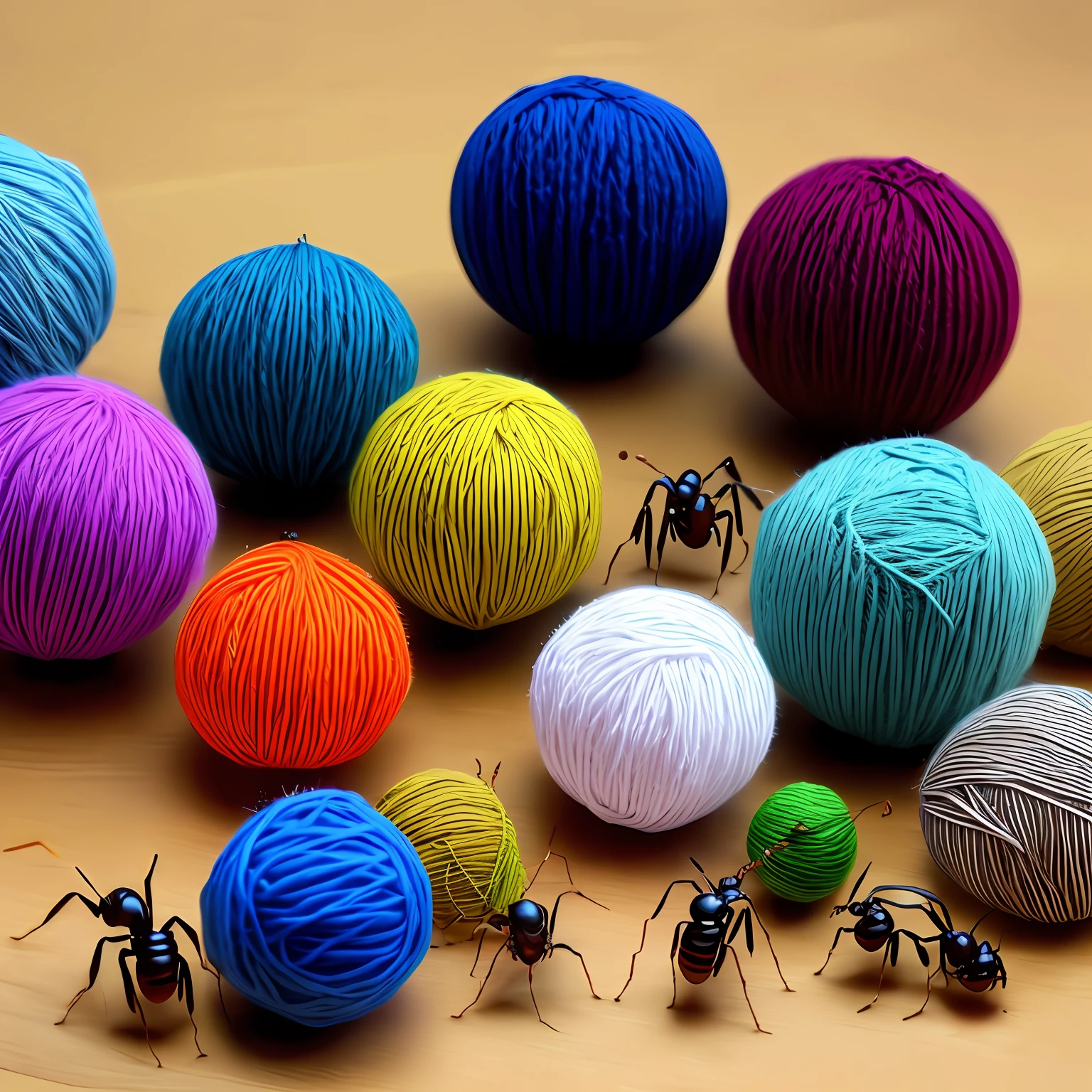 ants knitting with a lot of yarn balls around them in different colors