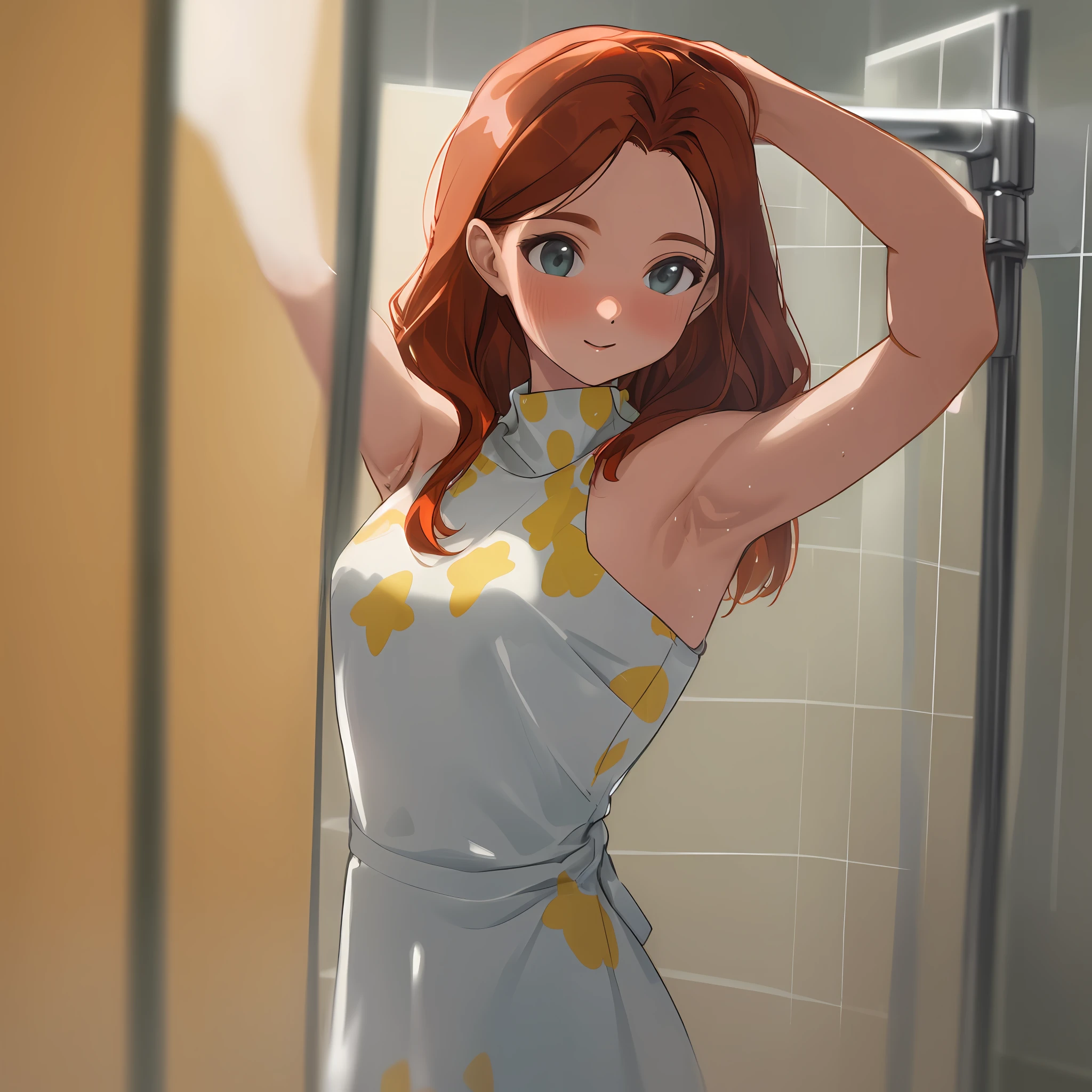 Obra prima realista ultra realista 4k 8k Kodak Cam, redhead taking a shower arms UP armpit