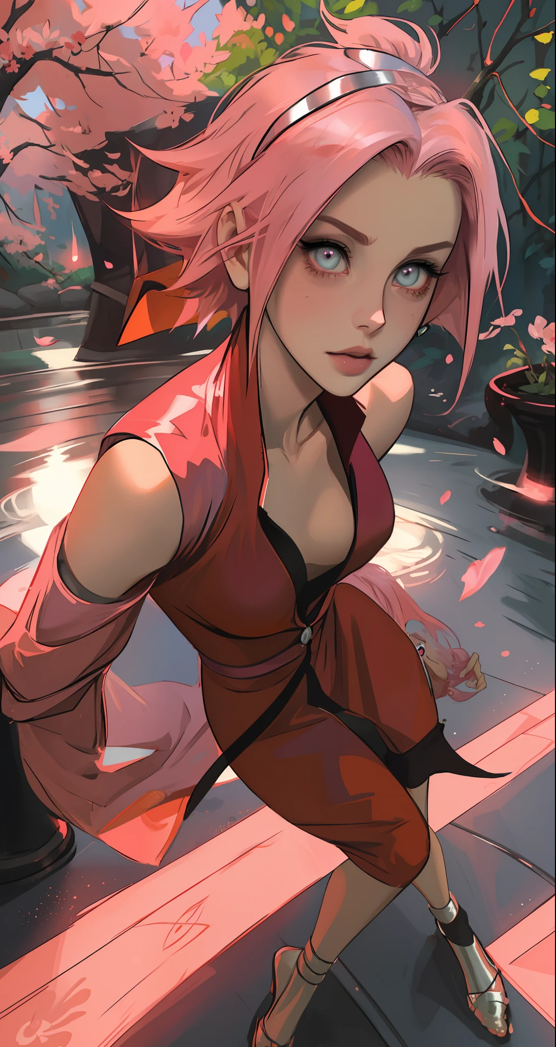 Sakura haruno, seductive, ((forehead to show)), attractive, sexy eyes, red dress, pink hair, delicate, young, short hair, detailed face, high definition, full body, ((art style by Lois van Baarle))