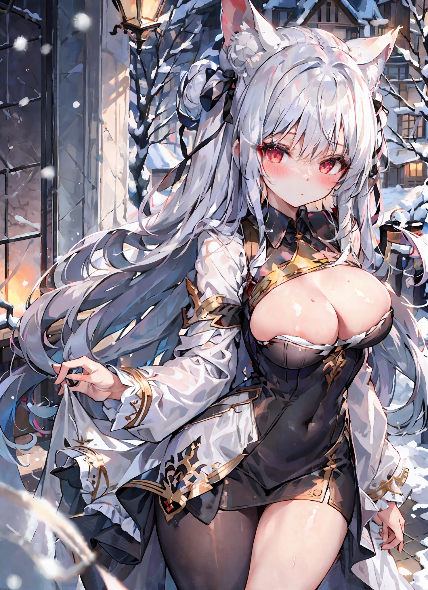(masterpiece), (best quality), (very detailed), girl single, solo, red eyes, holding, looking viewer, holding cup, outdoor, snow, long sleeve, bangs, closed mouth, bare trees, fur trim, hair between eyes, ribbon, open clothes, bag, winter, black ribbon, snowfall, gray hair, coat, hair ribbon, buns hair, upper body, jacket, side lock, blush, fur collar