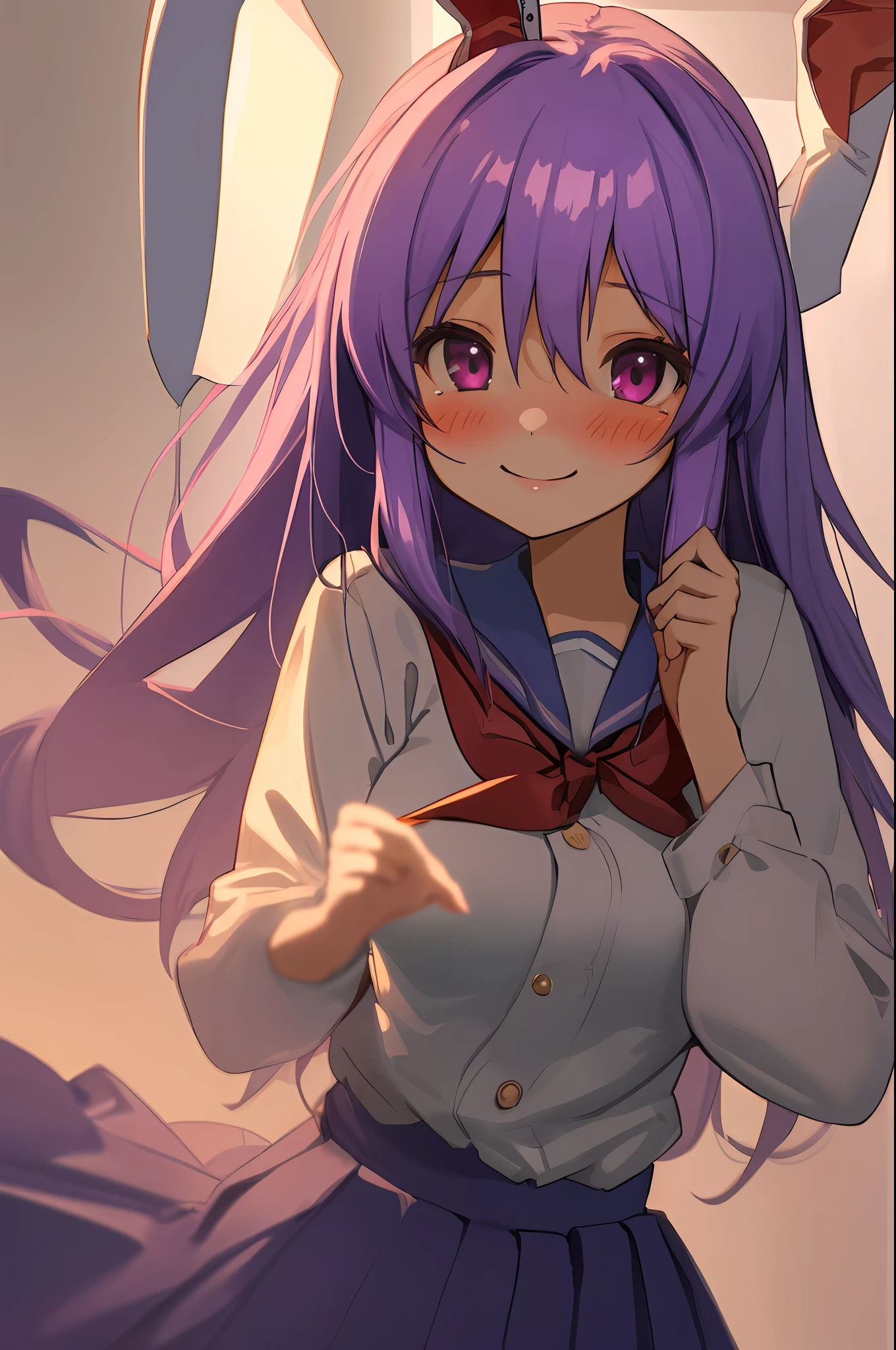 (masterpiece, best quality), highres, BREAK ((1girl)), solo, blush, seductive smile, surreal, insanely detailed, detailed face, highly detailed texture, (shiny hair:1.05), (shiny skin:0.97), (big eyes:0.95),BREAK reisen_udongein_inaba, school uniform,