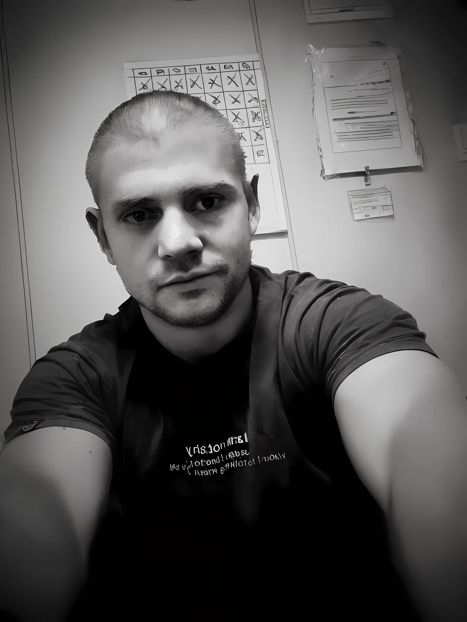 arafed man with shaved head and black shirt sitting in front of a wall, michal, black and white picture, inspired by Adam Szentpétery, kacper niepokolczycki, he is! about 3 0 years old, profile picture 1024px, inspired by Izidor Kršnjavi, 8k selfie photograph